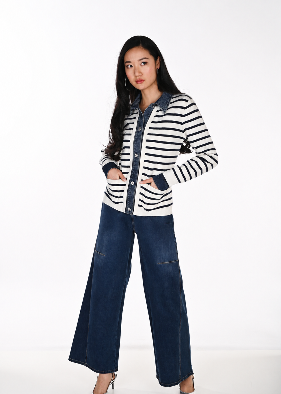 Sage | Veste tricot rayé et jean