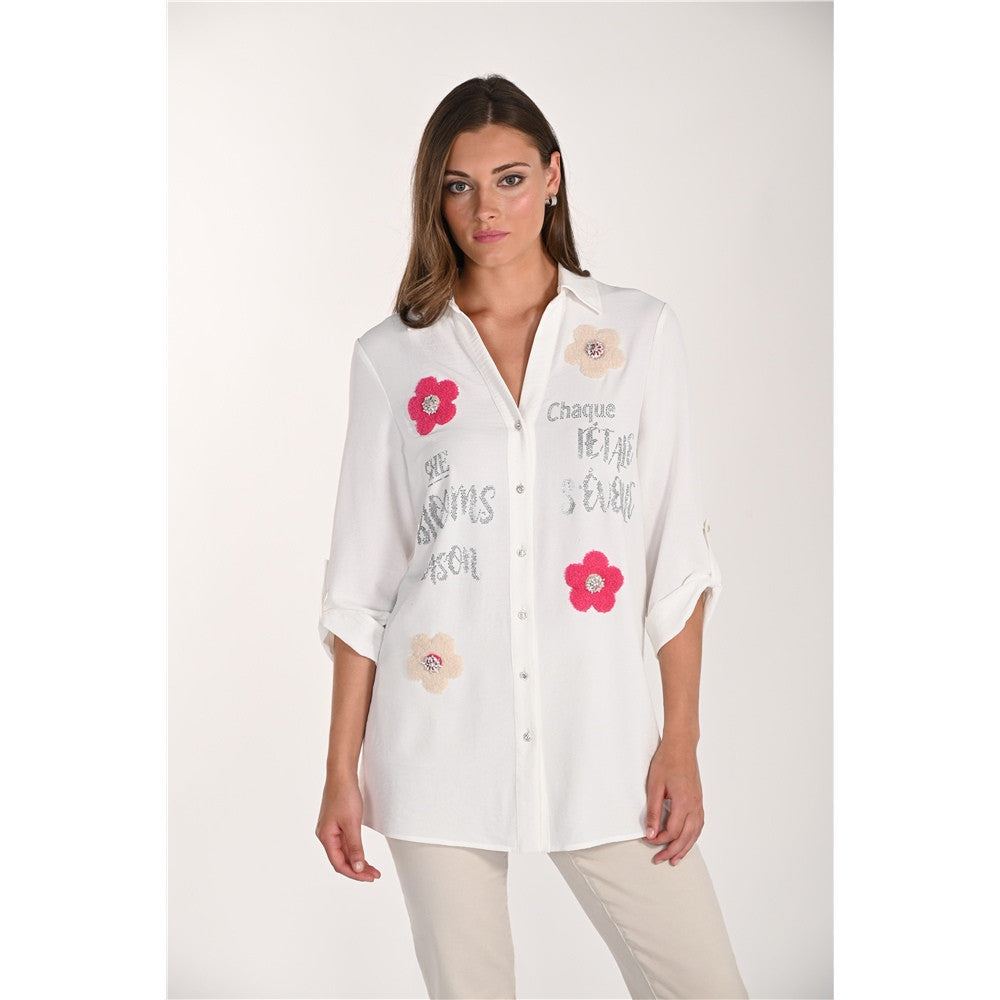 Blouse à appliqués floraux et détails scintillants - Taille : SMALL - Couleur : Blanc cassé/Rose