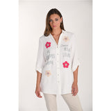 Blouse à appliqués floraux et détails scintillants - Taille : SMALL - Couleur : Blanc cassé/Rose