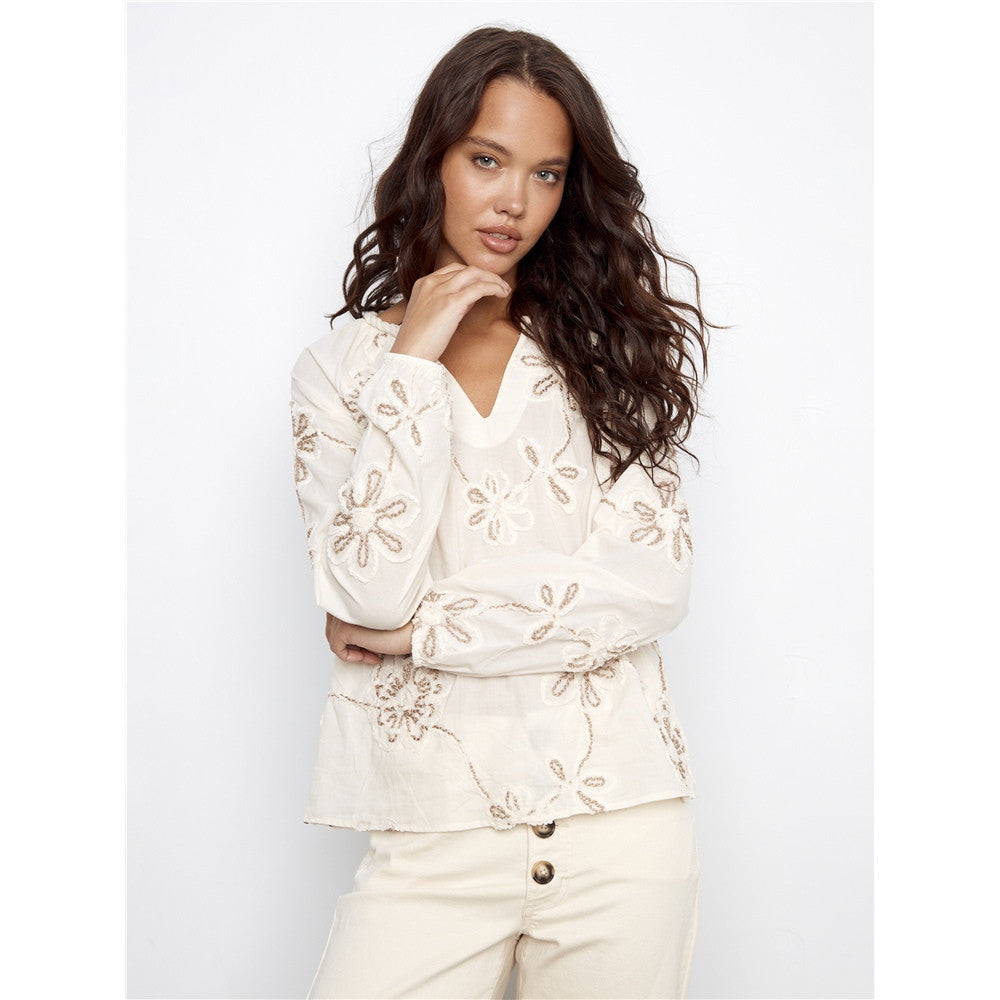 Blouse à broderies florales - Taille : SMALL - Couleur : Ecru