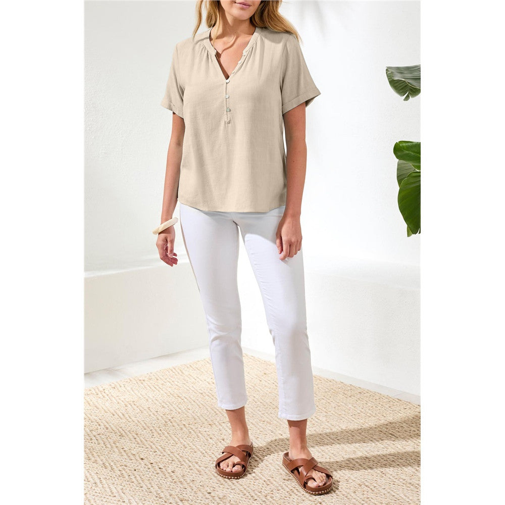 Blouse fluide à col tunisien et boutons - Taille : LARGE - Couleur : Beige