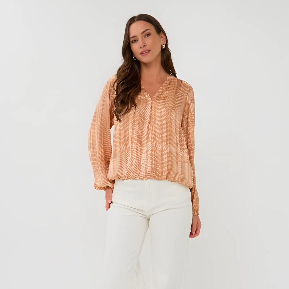 Blouse imprimée à col V - Taille : 10 - Couleur : Caramel