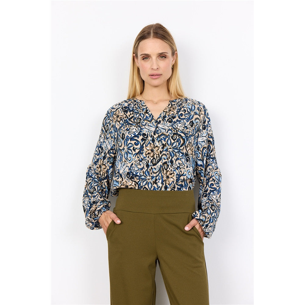 Blouse imprimée col V - Taille : XSMALL - Couleur : Bleu Nuit/Multi