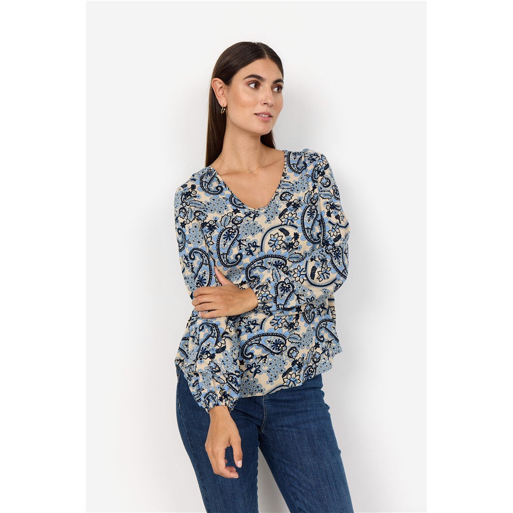 Blouse imprimée col V - Taille : XSMALL - Couleur : Bleu/Multi