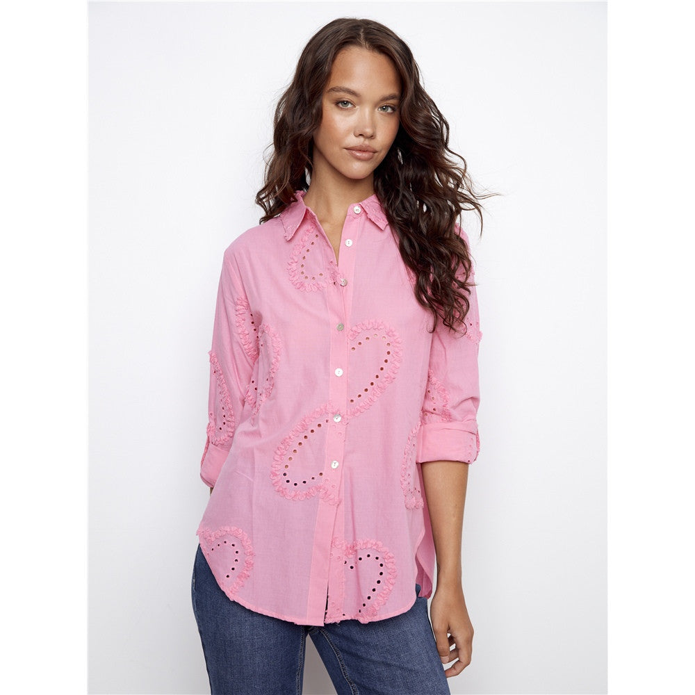 Blouse motifs brodés coeurs - Taille : SMALL - Couleur : Rose