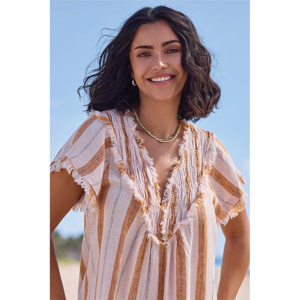 Blouse rayée à franges - Taille : XSMALL - Couleur : Beige