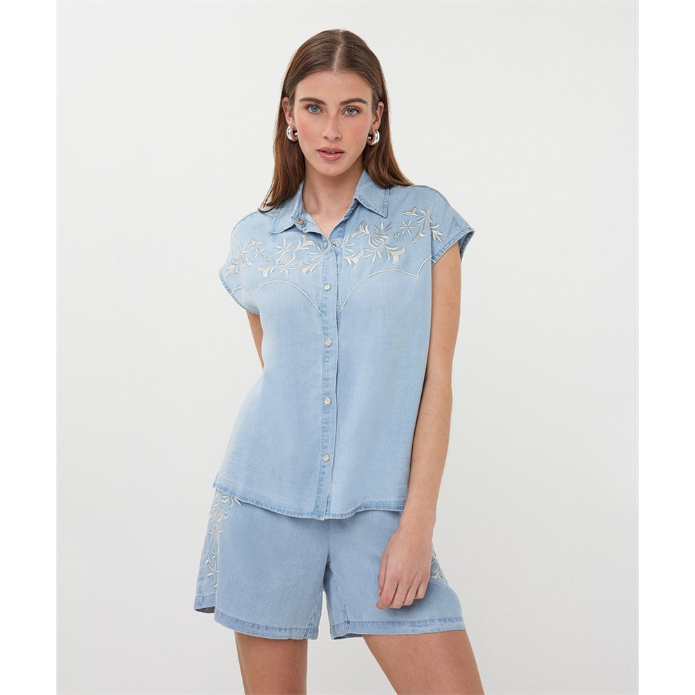 Blouse sans manches brodée - Taille : 8 - Couleur : Chambray