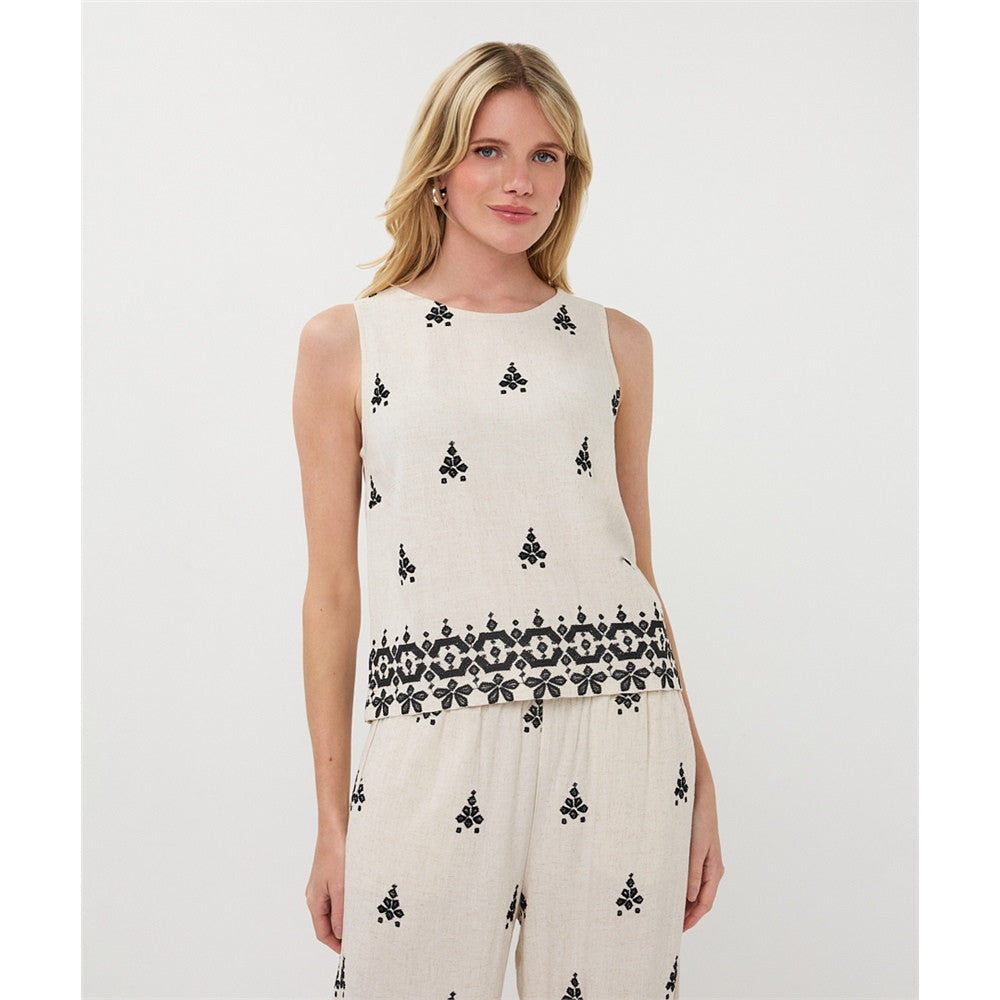 Blouse sans manches broderie contrastante