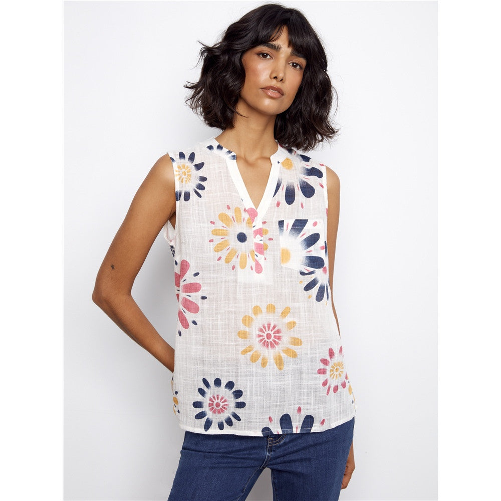 Blouse sans manches imprimée fleurs - Taille : SMALL - Couleur : Multi/Naturel