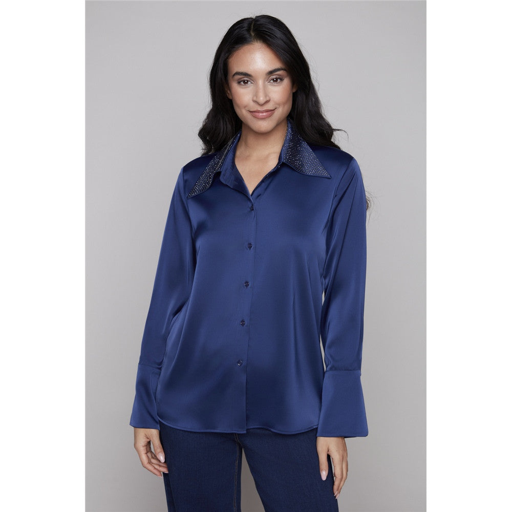 Blouse tissu satiné - Taille : MEDIUM - Couleur : Marine