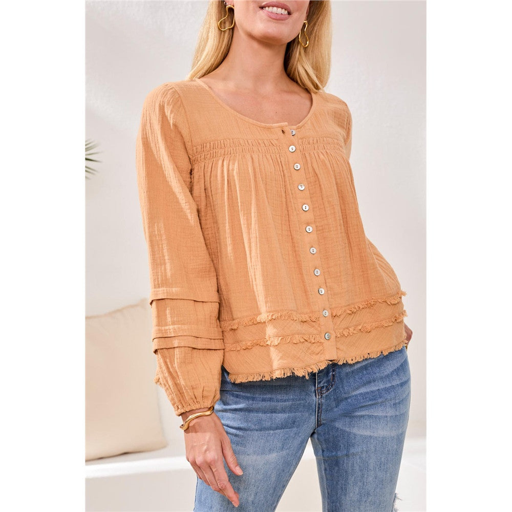 Blouse tissu texturé et boutons - Taille : SMALL - Couleur : Beige