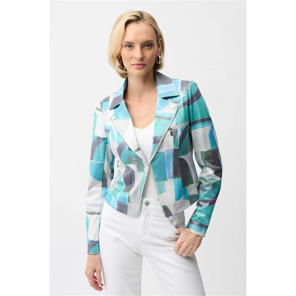 Blouson ajusté à imprimé géométrique en faux suède métallisé - Taille : XXLARGE - Couleur : Multi/Vert