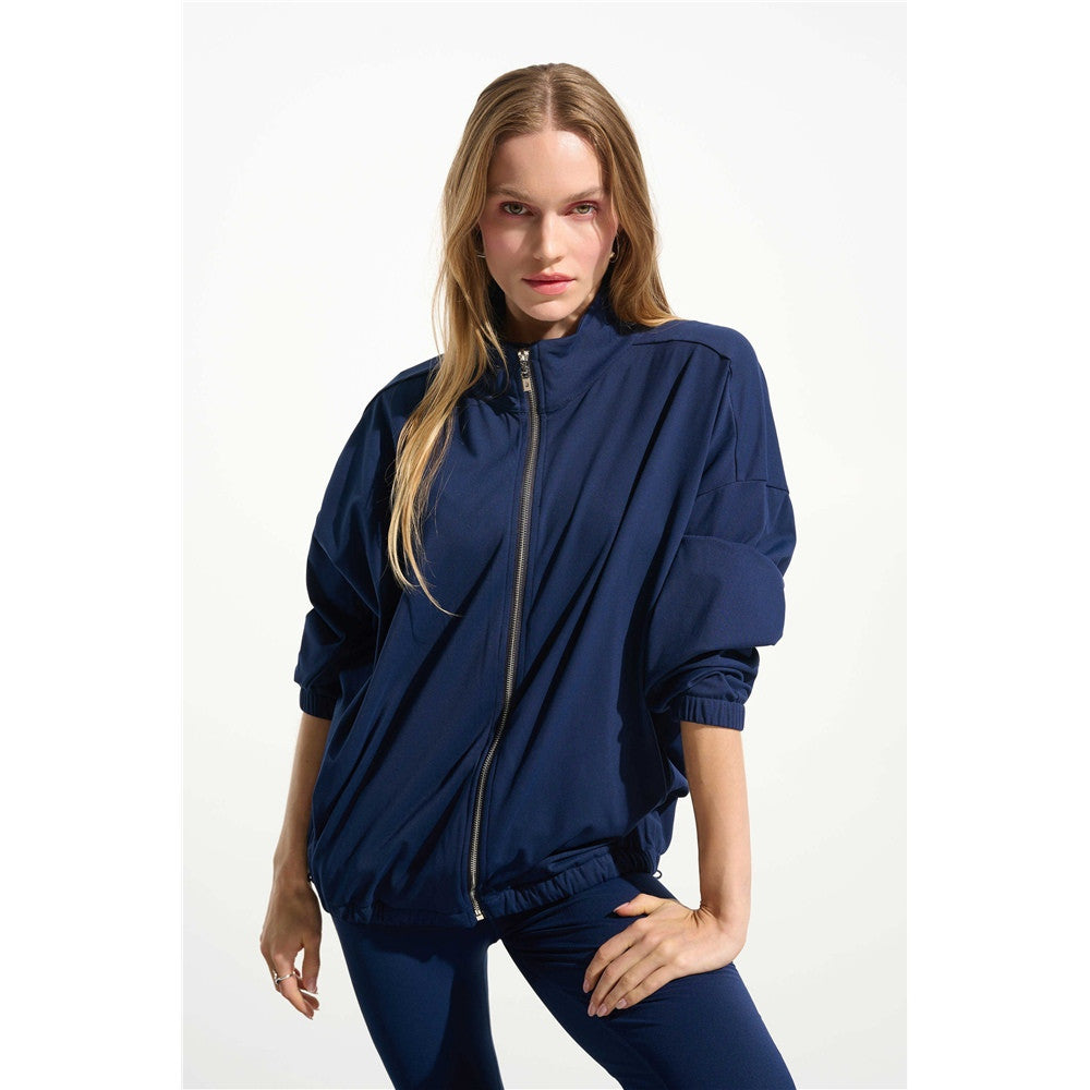 Blouson boxy à col montant en nylon extensible - Taille : LARGE - Couleur : Indigo