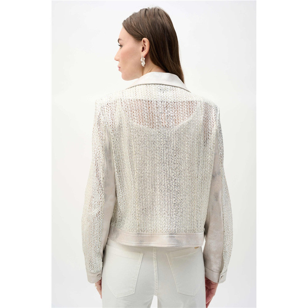 Blouson de moto en tricot métallisé et faux suède