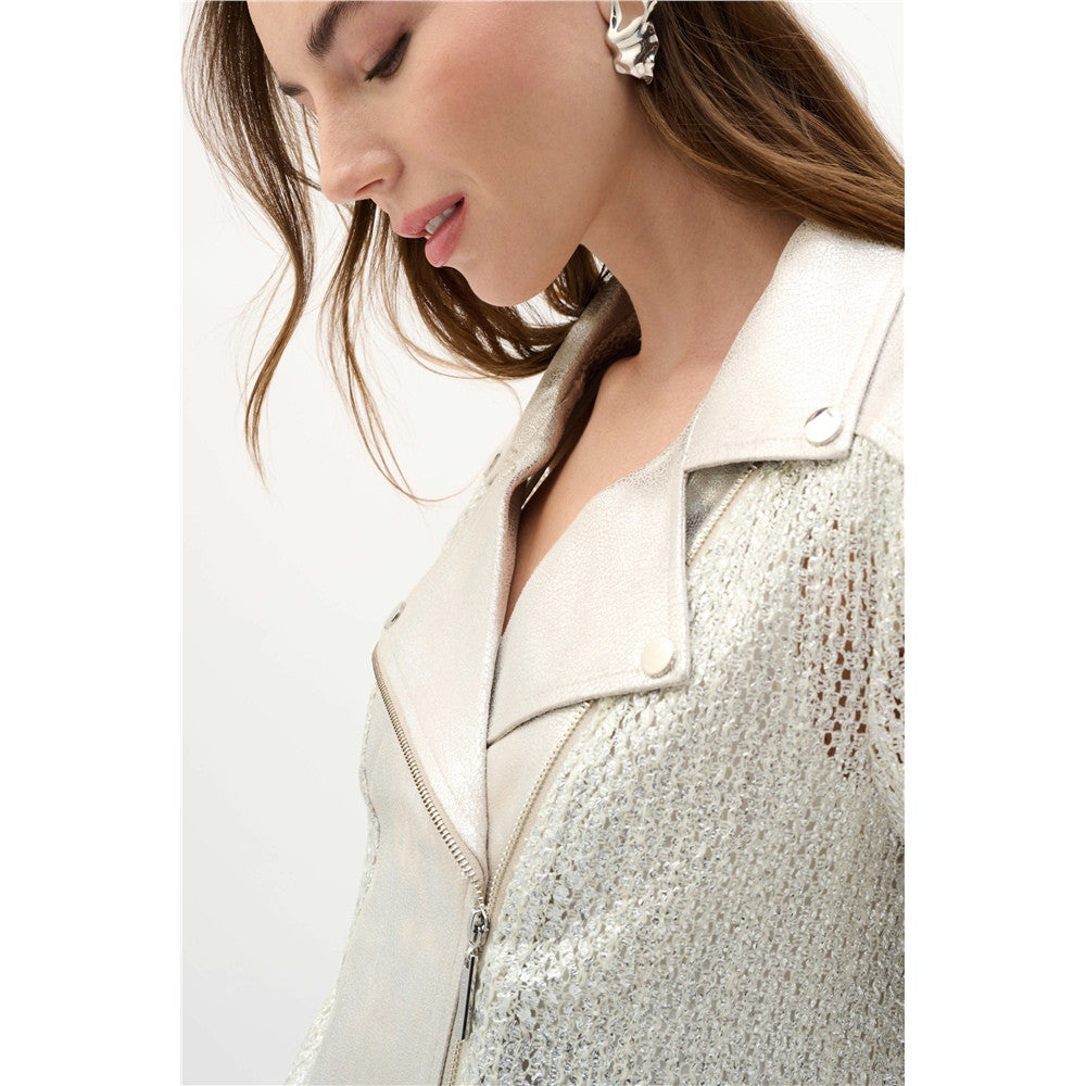 Blouson de moto en tricot métallisé et faux suède