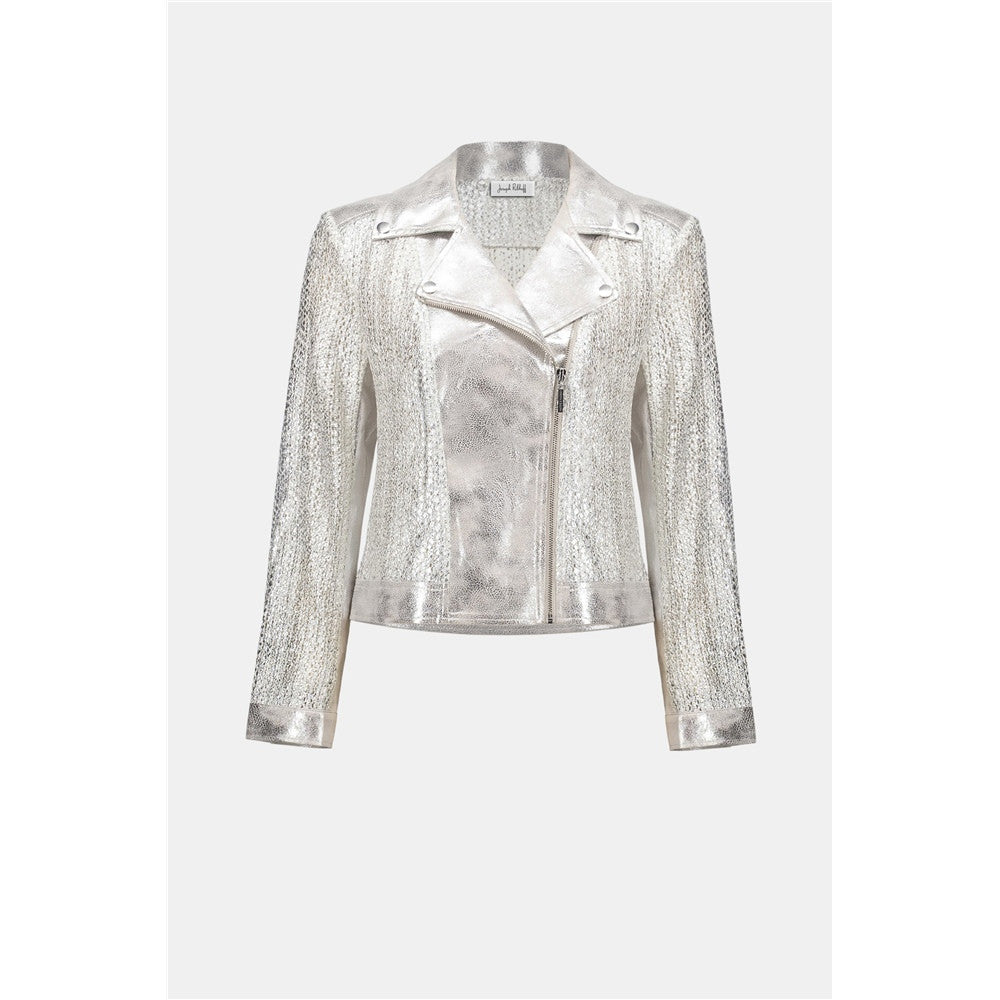 Blouson de moto en tricot métallisé et faux suède