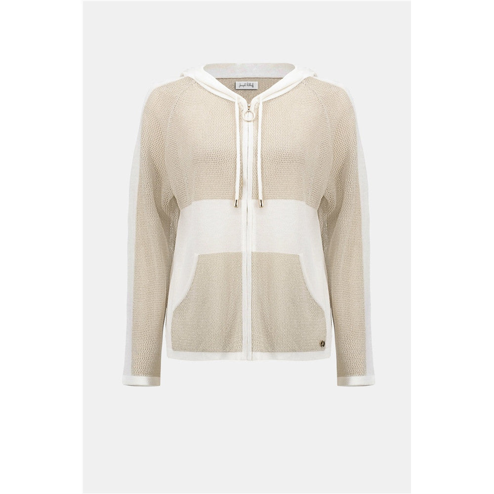 Blouson droit en tricot soyeux à capuchon et fermeture éclair