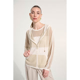 Blouson droit en tricot soyeux à capuchon et fermeture éclair - Taille : LARGE - Couleur : Or/Vanille