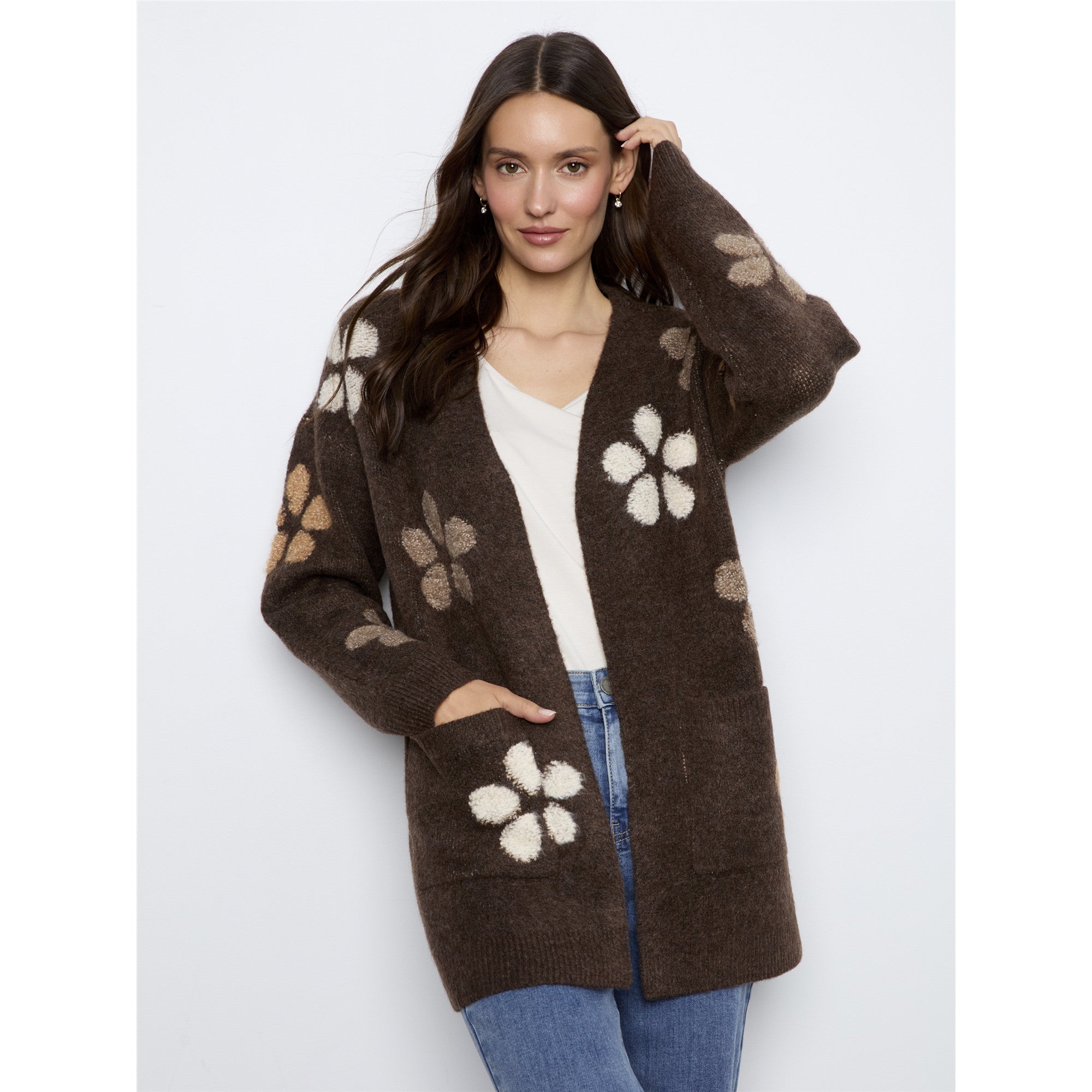 Cacao | Veste fleurs en relief - Taille : MEDIUM - Couleur : Cacao