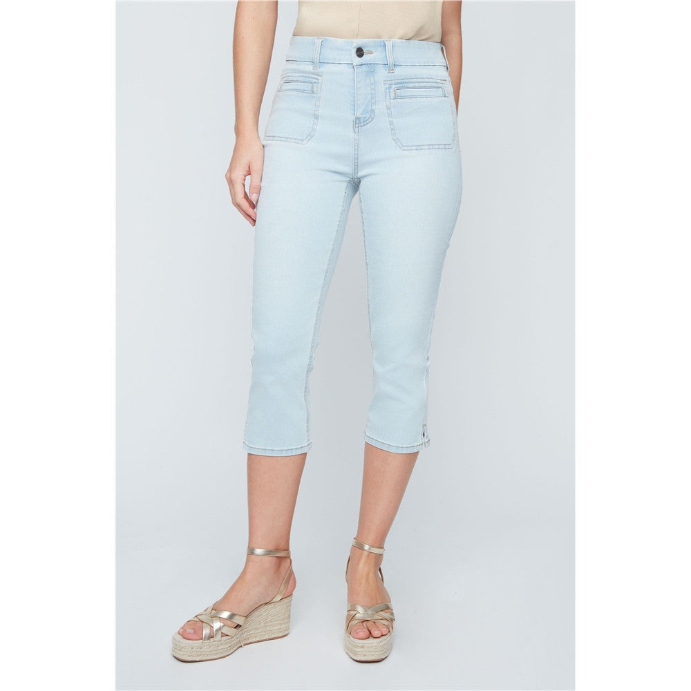 Capri en jean à fermoir et bouton - Taille : 6 - Couleur : Denim Bleu pâle