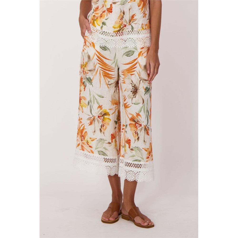 Capri tissu fluide et détails dentelle - Taille : XSMALL - Couleur : Multi/Orange