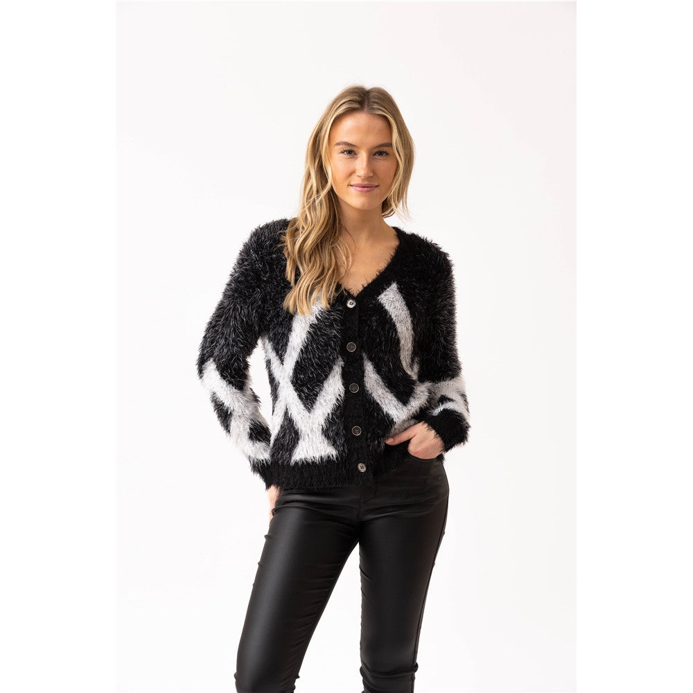 Cardigan à motif graphique et boutons - Taille : MEDIUM - Couleur : Noir