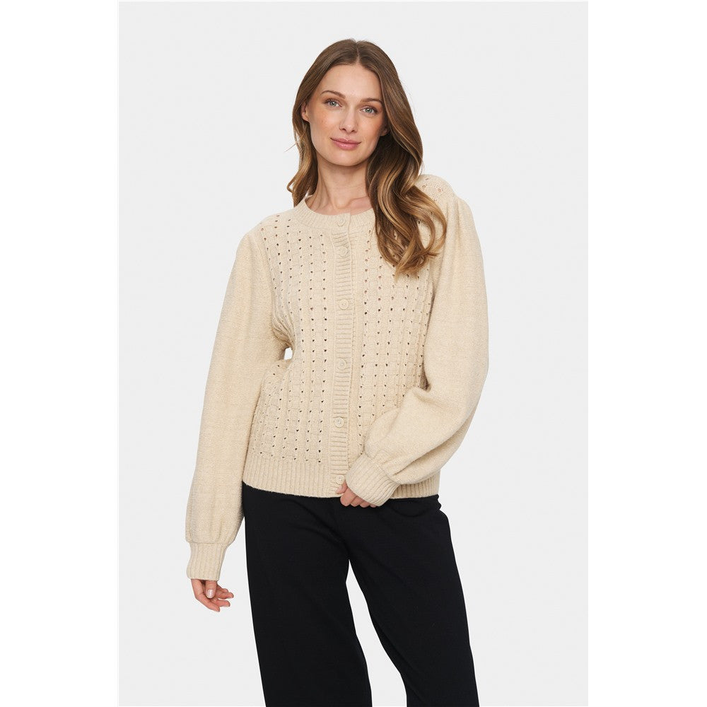Cardigan ajouré & manches bouffantes - Taille : MEDIUM - Couleur : Crème