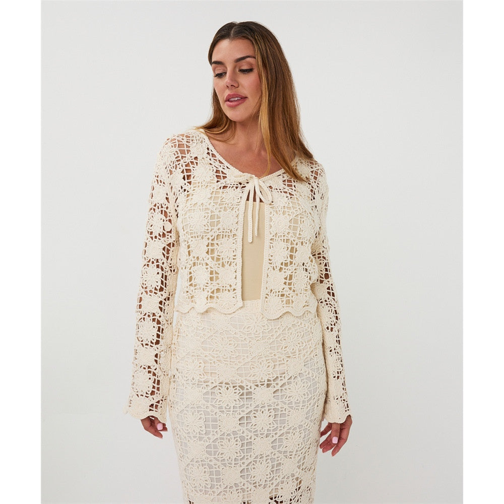 Cardigan crocheté avec motifs floraux - Taille : SMALL - Couleur : Naturel