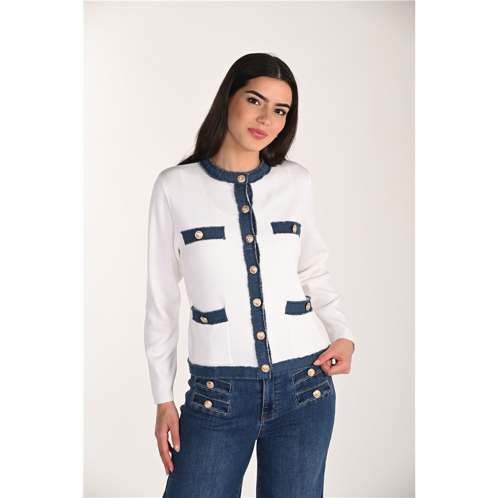 Cardigan en maille et détails denim - Taille : LARGE - Couleur : Blanc cassé/Denim