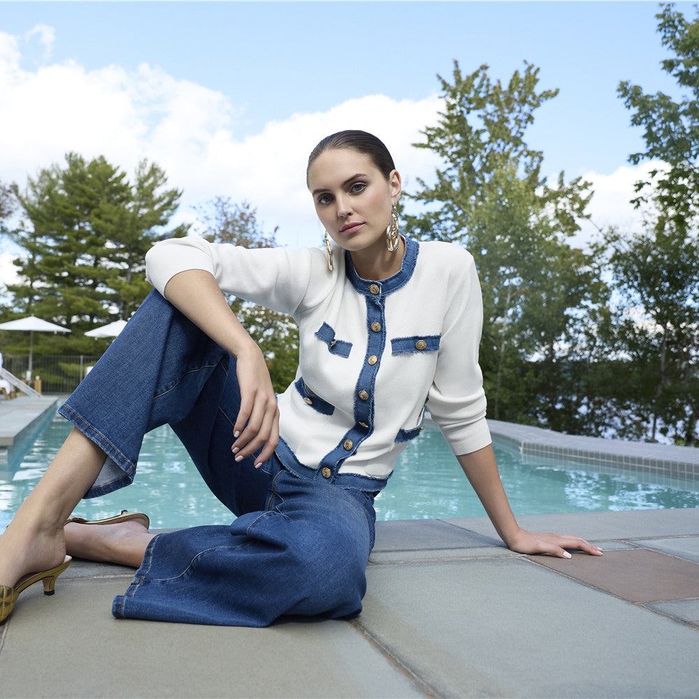 Cardigan en maille et détails denim