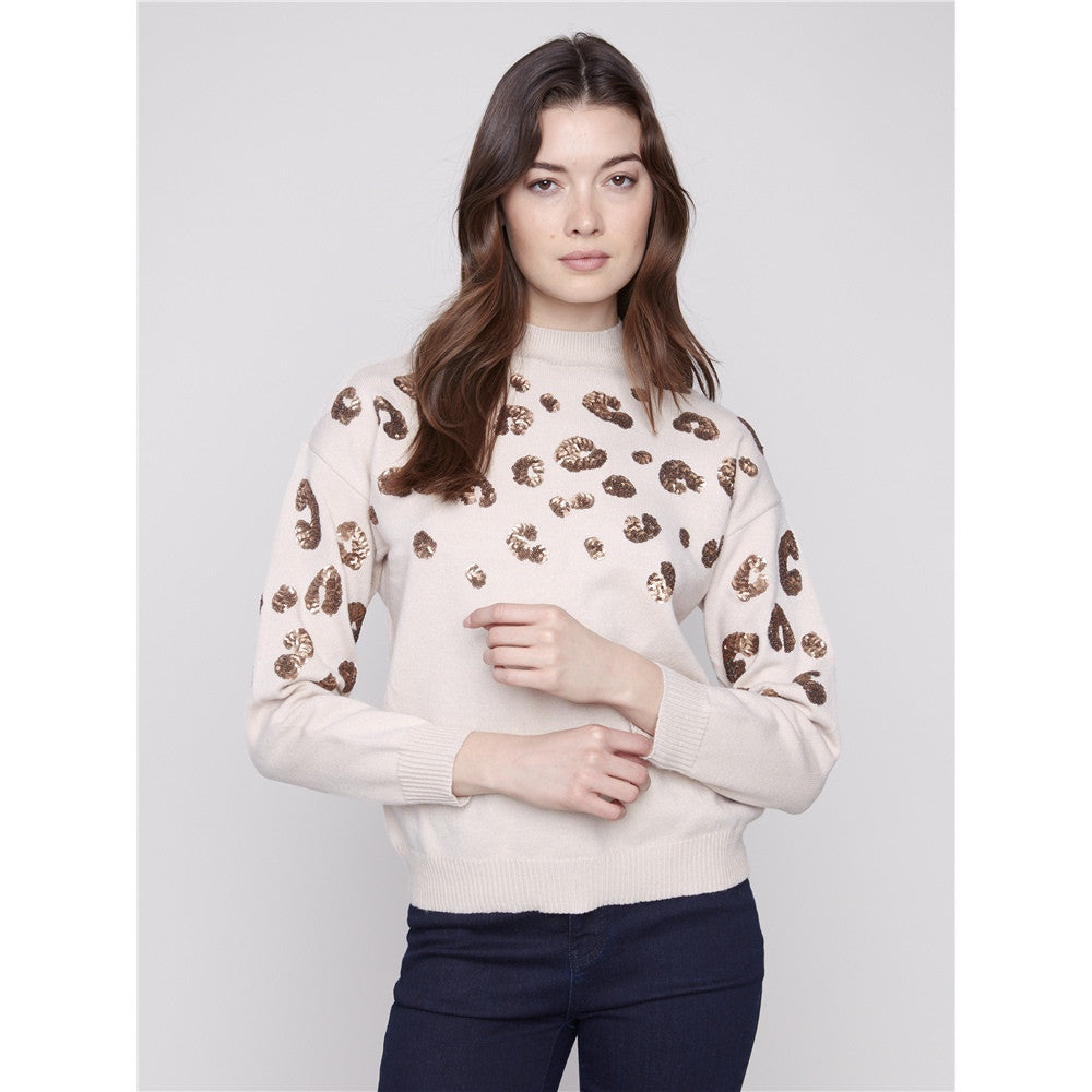 Chandail à motif léopard pailleté - Taille : LARGE - Couleur : Avoine