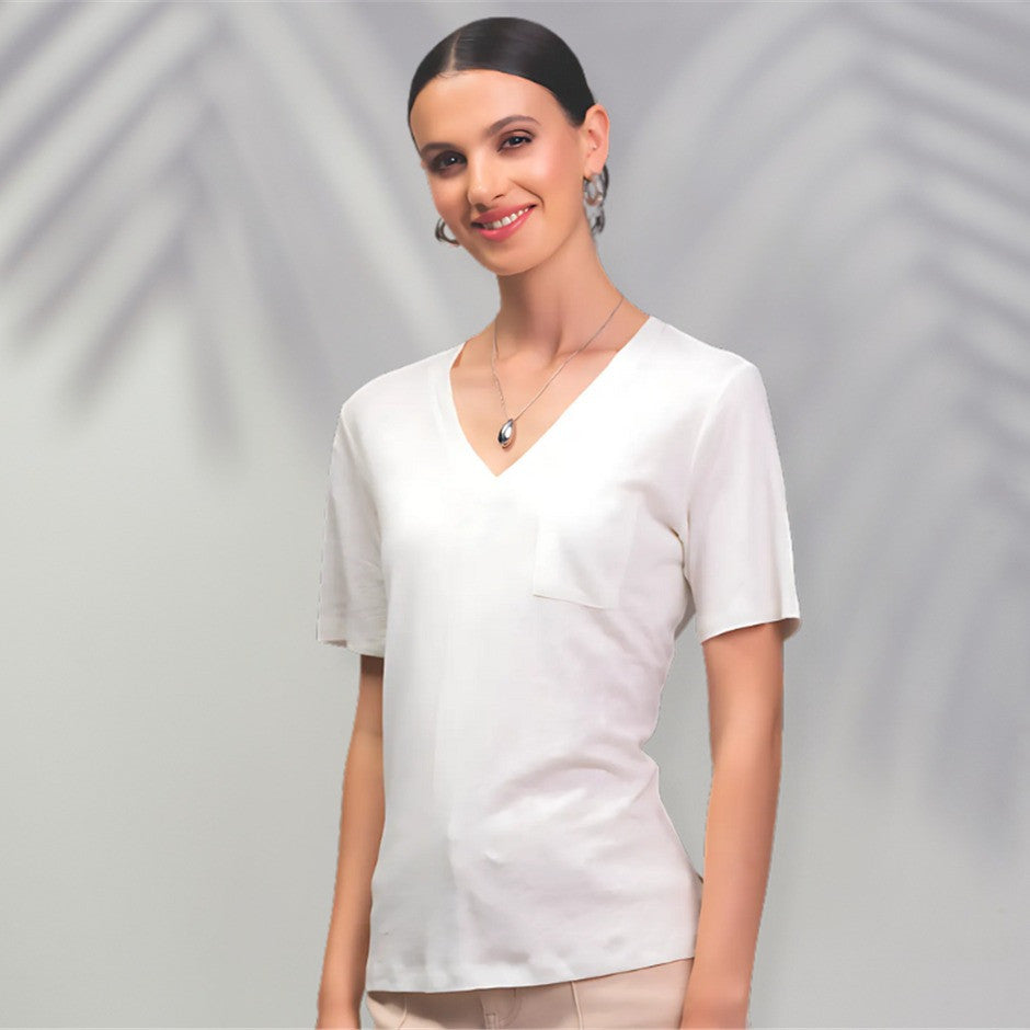 Chandail manches courtes avec col V - Taille : XLARGE - Couleur : Ecru