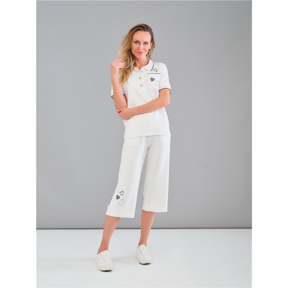 Chandail polo à motifs coeurs - Taille : LARGE - Couleur : Blanc cassé