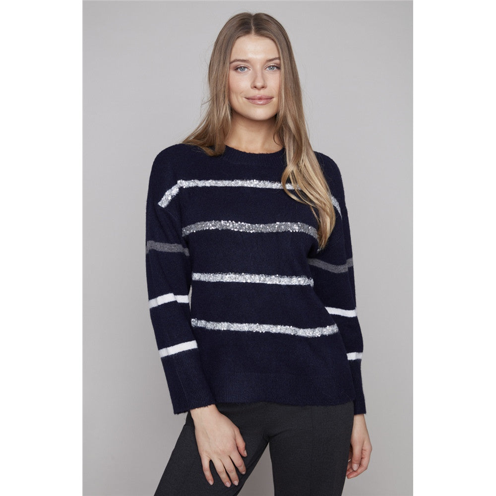 Chandail rayé avec paillettes - Taille : SMALL - Couleur : Marine
