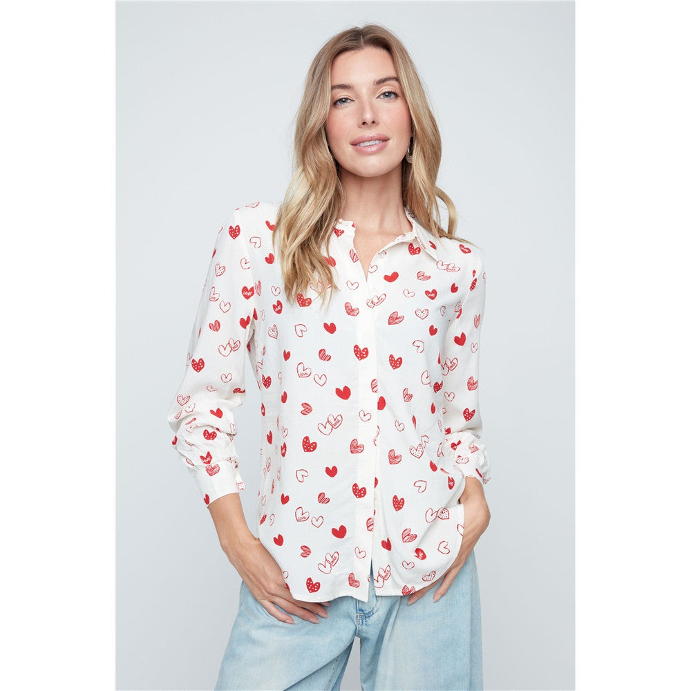 Chemise à imprimé cœurs - Taille : LARGE - Couleur : Crème/Rouge