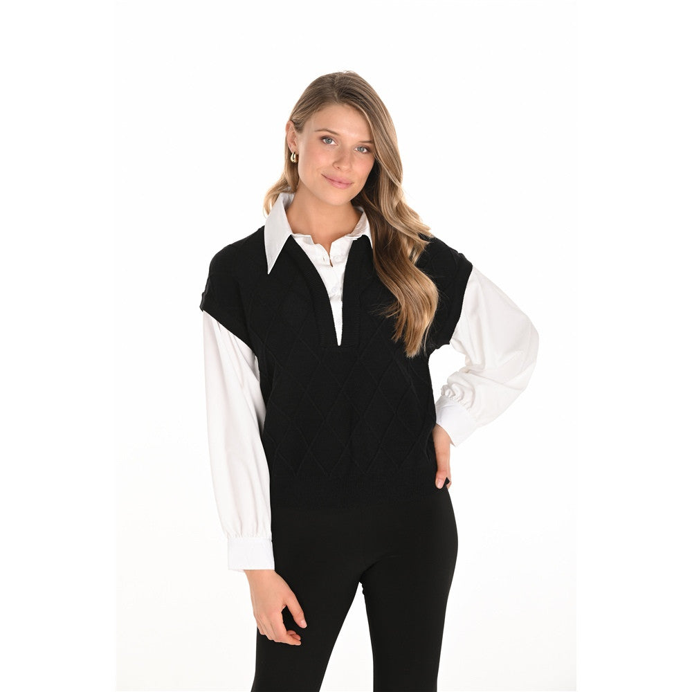 Chemisier à effet superposé style polo - Taille : SMALL - Couleur : Blanc/Noir