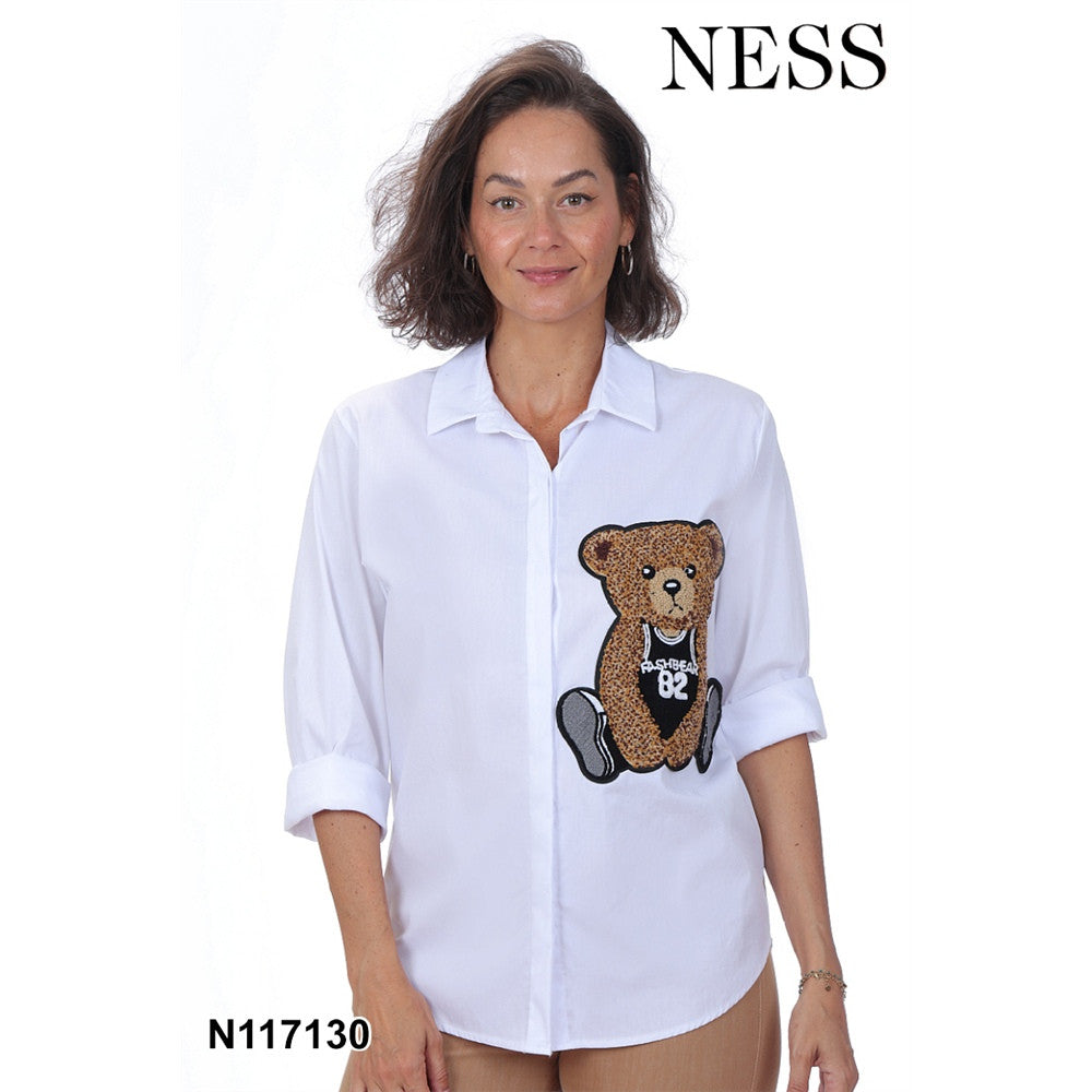Chemisier blanc avec appliqué ours - Taille : MEDIUM - Couleur : Blanc