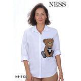 Chemisier blanc avec appliqué ours - Taille : MEDIUM - Couleur : Blanc