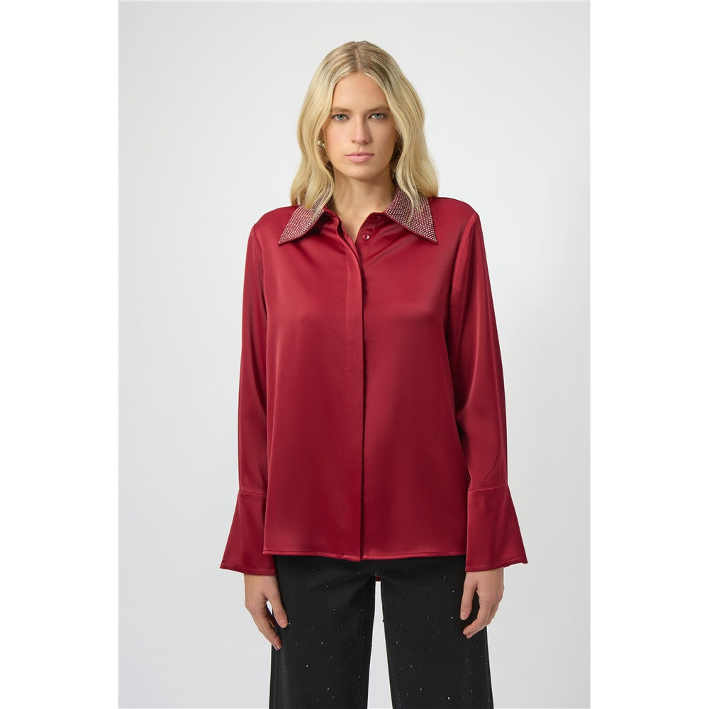 Chemisier boutonné en tissu satiné avec col orné - Taille : SMALL - Couleur : Rouge
