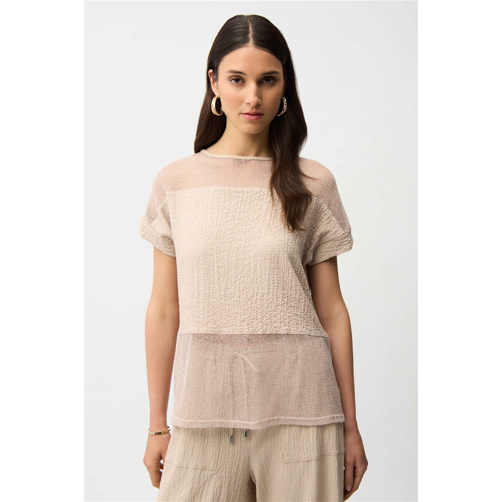 Haut boxy en tissu gaufré et filet avec encolure bateau - Taille : 8 - Couleur : Beige