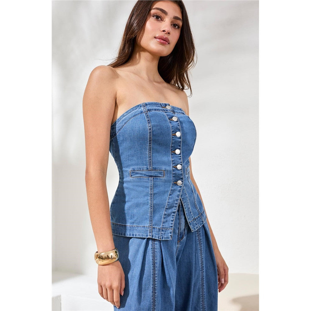 Haut bustier en denim boutonné