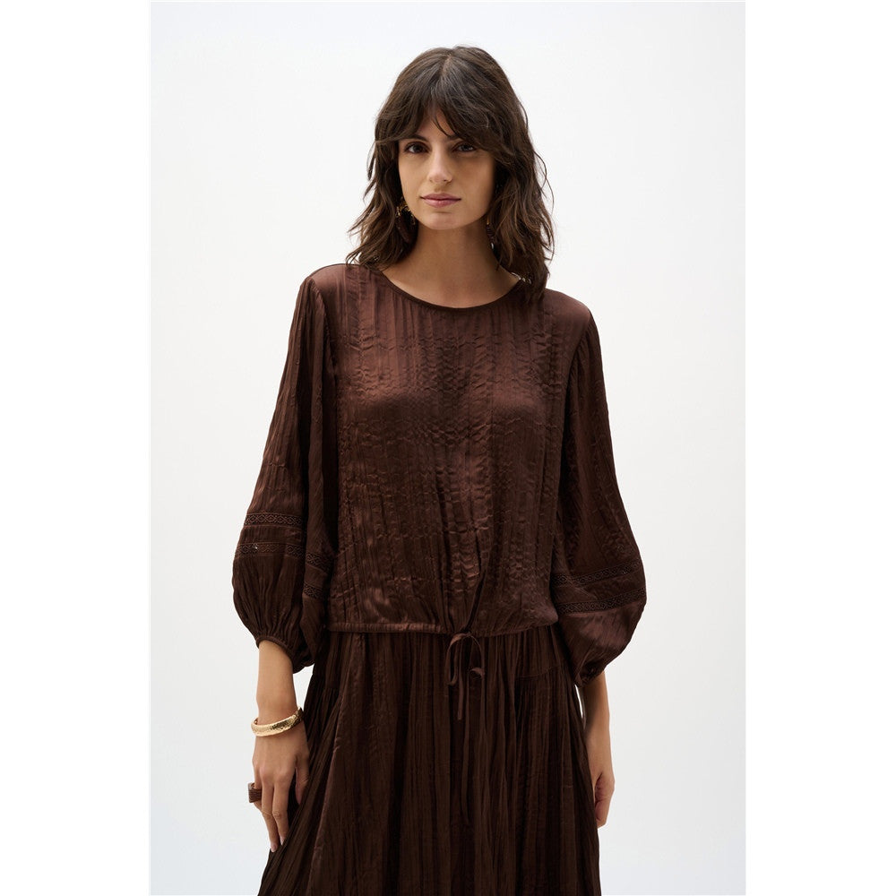 Haut cocon en satin plissé avec plis - Taille : SMALL - Couleur : Acajou