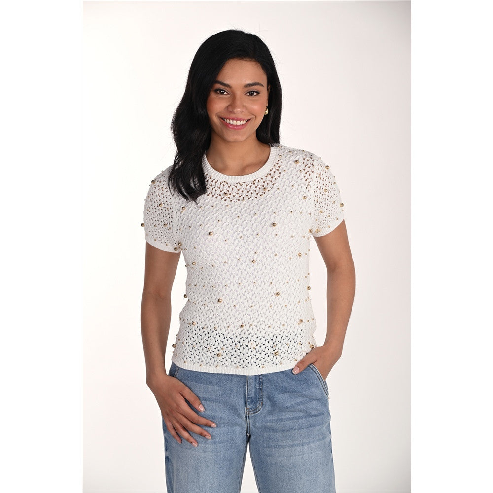Haut en tricot ajouré à perles dorées - Taille : MEDIUM - Couleur : Blanc cassé