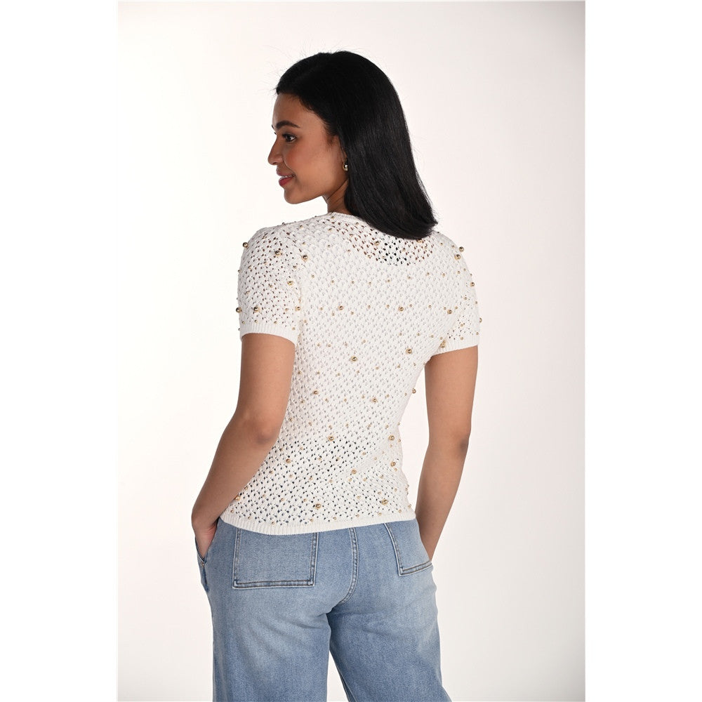 Haut en tricot ajouré à perles dorées