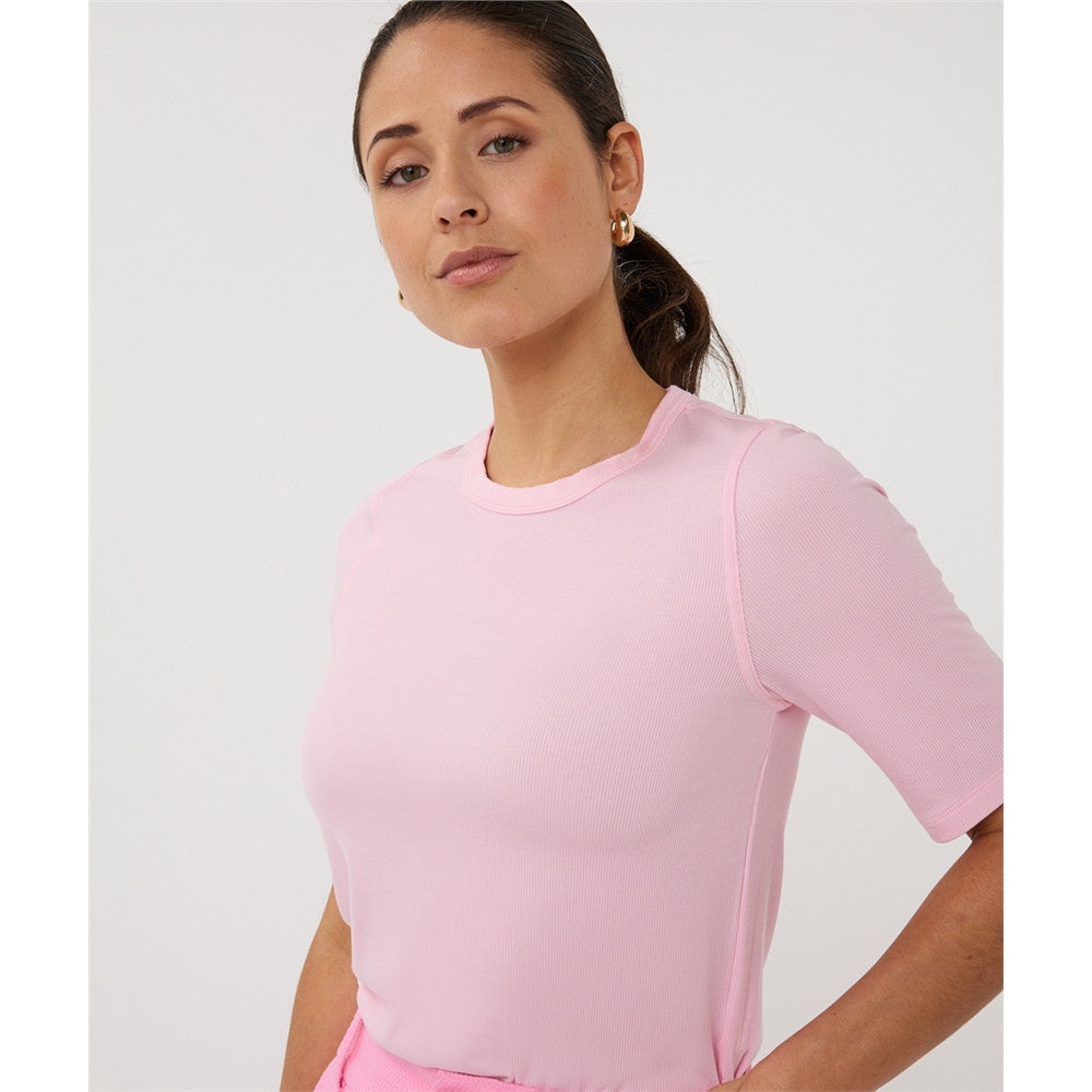 Haut en tricot côtelé manches 3/4 - Taille : LARGE - Couleur : Rose pâle