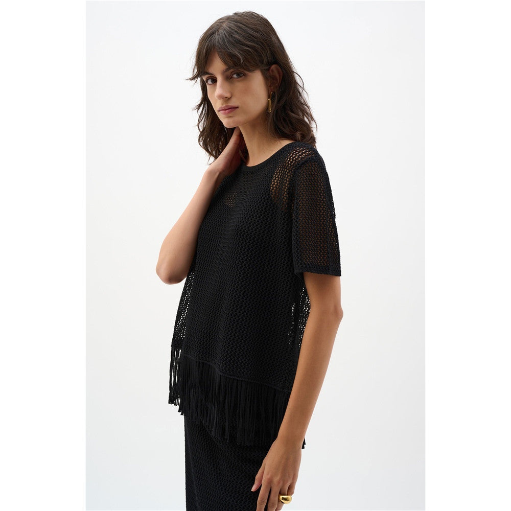 Haut en tricot de viscose avec bordure à franges - Taille : SMALL - Couleur : Noir