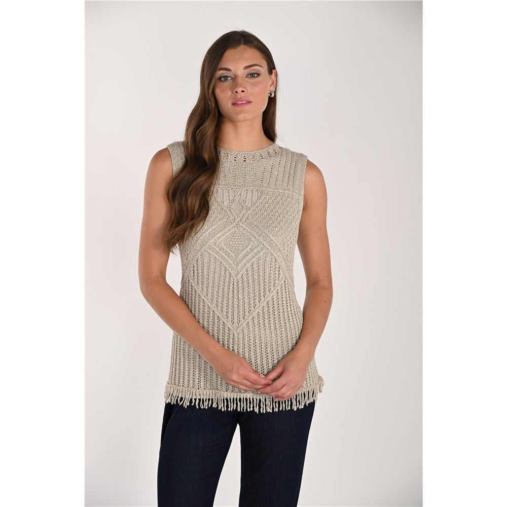 Haut sans manches en tricot texturé avec franges - Taille : SMALL - Couleur : Beige