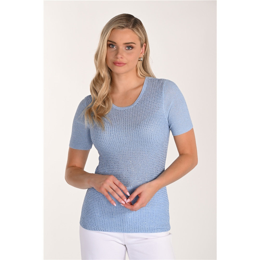 Haut scintillant à manches courtes - Taille : LARGE - Couleur : Bleu pâle
