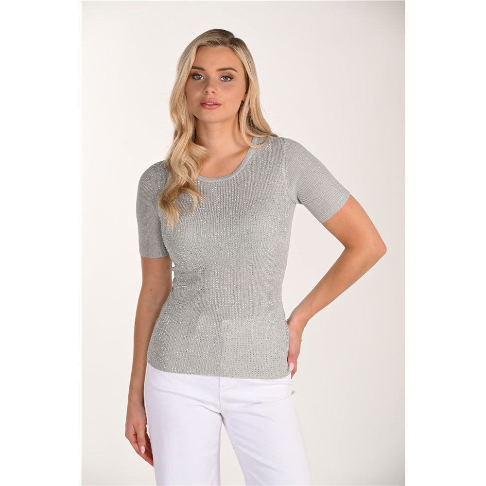 Haut scintillant à manches courtes - Taille : LARGE - Couleur : Gris