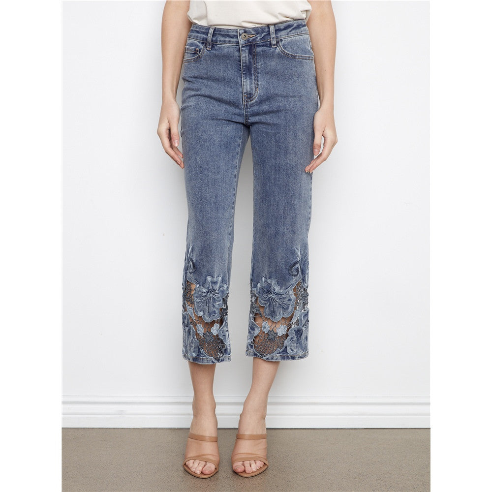 Jean capri avec broderies et empiècements ajourés - Taille : 6 - Couleur : Bleu Denim